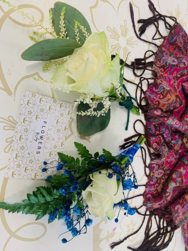 Cream Rose, Leaf & Blue Gyp BH