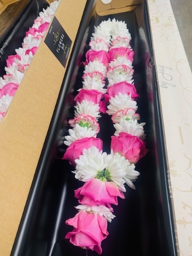 White Chrys, Pink Roses, 2 tone Carn & Drop