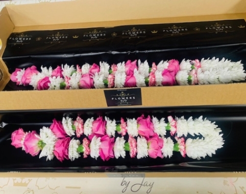 White Chrys, Pink Roses, 2 tone Carn & Drop