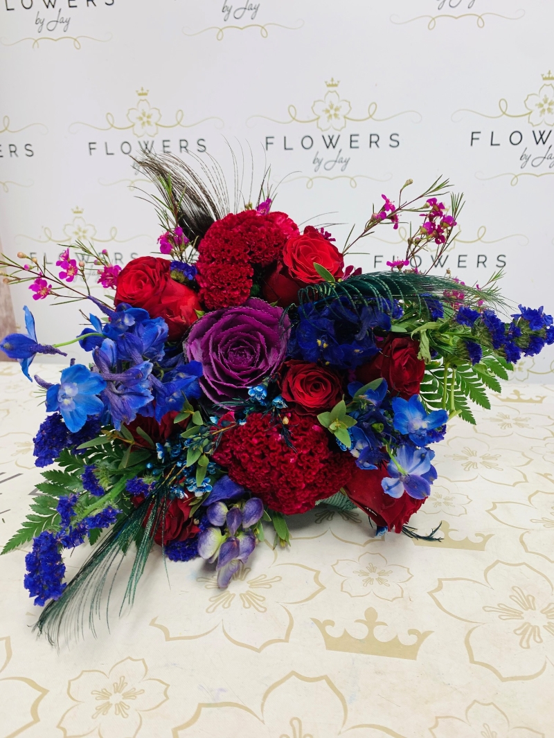 Bridal Hand Tied Bouquet (Red Blue Peacock)