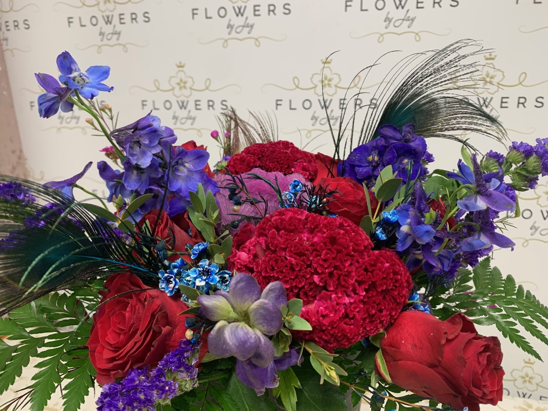 Bridal Hand Tied Bouquet (Red Blue Peacock)