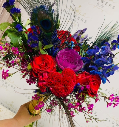 Bridal Hand Tied Bouquet (Red Blue Peacock)