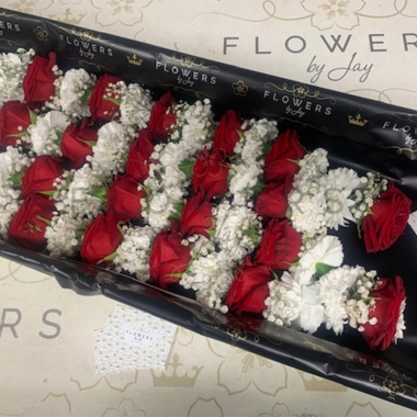 White Chrys, Red Rose, GYP & Drop