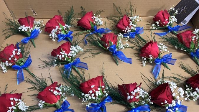 Red Rose, leaf, Gyp & Blue Bows BH