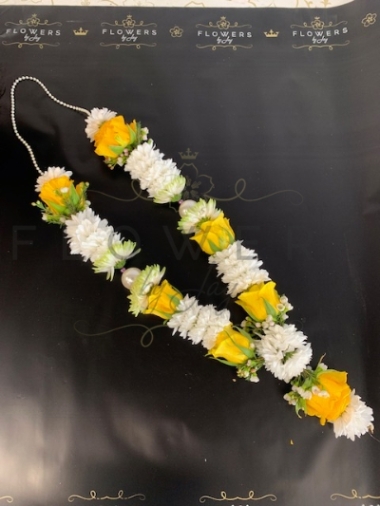 White Chrys, Yellow Roses, Pearl & Drop